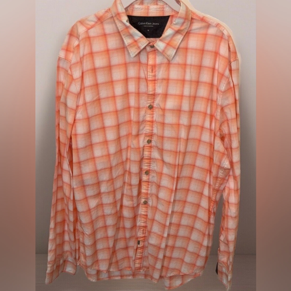 Calvin Klein Long Sleeve Button Down. Orange & White. XL.